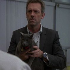 a man holding a grey cat in his right hand and looking at the camera with an angry look on his face