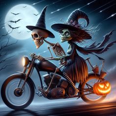 a skeleton riding a motorcycle with a witch on it