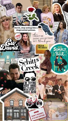 the collage has many different pictures and words on it, including images from tv shows