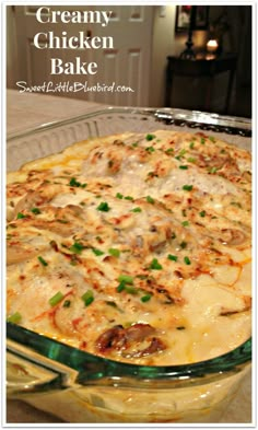 a casserole dish with mushrooms, cheese and sauce in a glass baking dish