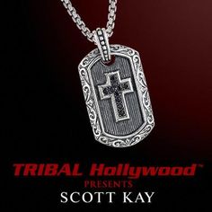 BLACK SAPPHIRE CROSS DOG TAG with Sparta Engraving Sterling Silver Necklace by Scott Kay | Tribal Hollywood Black Hills Gold Jewelry, Feminine Necklace, Necklaces Chain, Sterling Silver Cross Necklace, Silver Dog, Brown Leather Bracelet, Dog Pendant, Mens Silver Necklace, Black Hills Gold