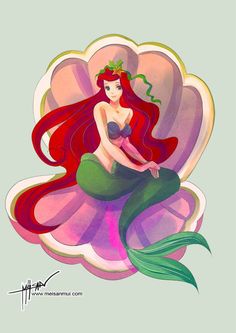 the little mermaid is sitting on top of a pink flower and holding a green leaf