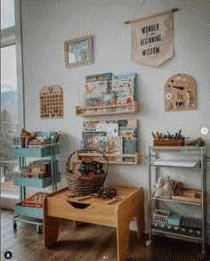 a wooden table sitting in front of a wall filled with pictures and art work on it