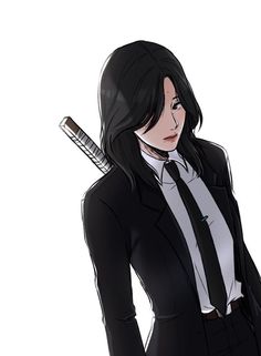 a woman in a suit and tie holding a knife