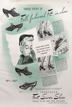 1940 Shortback Foot Saver Shoes Advertisement.  Fabulous lace up shoes from the 1940s.  Vintage ad from the Retro Reveries shop on Etsy. . . . . .   #RetroReveries #etsy #vintage #shoes #1940s #fashion #retrodecor Retro Closet, Shoes Advertisement, Fashion 1940s Style, 1940s Woman, Historical Shoes, Fashion 1940s, Shoes Ads, Vintage Shoe, Closet Decor