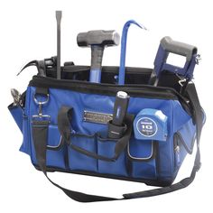 a blue tool bag with tools in it