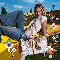 a woman sitting on top of a yellow bench holding a white louis vuitton bag