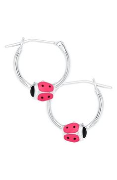 Enamel-detailed ladybugs lend their charm to these hand-polished sterling silver hoop earrings specially designed for baby. Adult supervision strongly recommended; jewelry presents choking hazard and should be removed when infant or small child is unattended Sterling silver/enamel Made in the USA Pink Nickel-free Huggie Jewelry, Pink Sterling Silver Hypoallergenic Hoop Earrings, Pink Hypoallergenic Sterling Silver Hoop Earrings, Cute Sterling Silver Hoop Earrings, Playful Hypoallergenic Hoop Earrings For Gift, Playful Hypoallergenic Hoop Earrings As Gift, Cute Hypoallergenic Round Hoop Earrings, Pink Sterling Silver Huggie Jewelry, Pink Sterling Silver Huggie Earrings