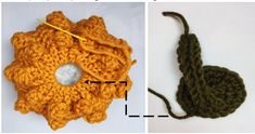 crocheted flowers are shown next to each other, and the same flower has been made with yarn