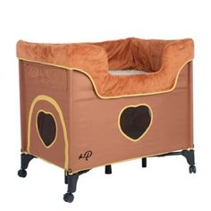 a brown dog bed with hearts on the side and wheels, sitting in front of a white background