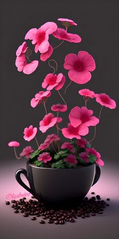 pink flowers in a black cup with coffee beans