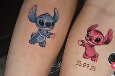 two small tattoos on the legs of people who are both wearing matching outfits and numbers