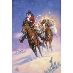 santa claus riding on the back of two brown horses