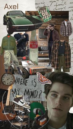 a collage of photos with people and things in them including a car, man's head, clock, letters, and other items