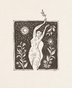 a black and white drawing of a woman reaching up to the sun with her hand