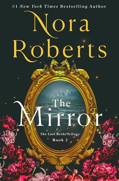 the mirror book cover with flowers and an oval frame on it, in front of a black background