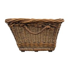 a wicker basket with handles on an isolated white background