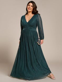 Plus Size Dazzling Empire Waist See-Through Long Sleeves A-Line Evening Dress #color_Teal Scene Fit, Plus Size Evening Dress, A Line Evening Dress, Ever Pretty, Evening Dresses Plus Size, Affordable Dresses, Formal Wedding, Lining Fabric, Plus Size Dress