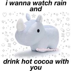 a stuffed animal rhinoceros sitting in front of a white background with the words i wanna watch rain and drink hot cocoa with you