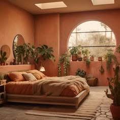 a bed room with a neatly made bed and potted plants