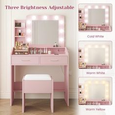 a pink vanity with lights and stool in front of it, including the top mirror