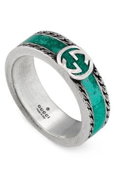 A rich turquiose hue adds color to this distressed sterling silver band punctuated by the emblematic interlocking Gs. Style Name:Gucci Men's Interlocking-G Band Ring. Style Number: 6172555. Jewelry Png, G Ring, Gucci Jewelry, Gold Ounce, Men Jewelry, Enamel Ring, Gucci Men, Silver Enamel, Sterling Silver Bands