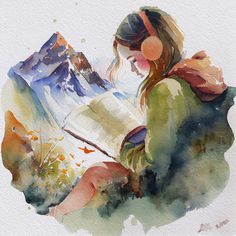 a watercolor painting of a girl reading a book with mountains in the back ground