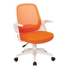 an orange and white office chair with wheels on the back, against a white background