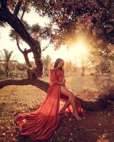 a woman in an orange dress sitting on a tree branch with the sun behind her