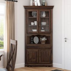 a wooden china cabinet with glass doors in a dining room