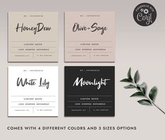 four different types of business cards with the words, white lily and three sides options