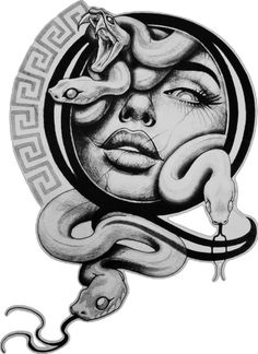 a drawing of a woman's face with snakes around it