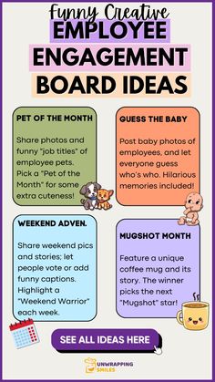 an employee engagement board is shown in purple and white with the words,'funny ideas for