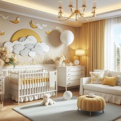 a baby's room decorated in yellow and white