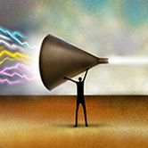 a man holding up a bullhorn with lightning in the background