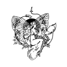 a black and white drawing of a fairy sitting on top of a leafy plant