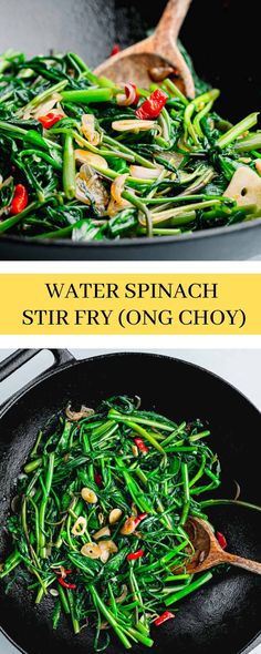 stir fry with water spinach and stir fry on chopsticks in a wok