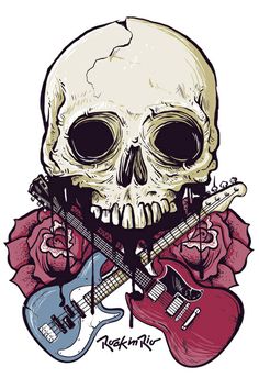 a skull with guitars and roses on it