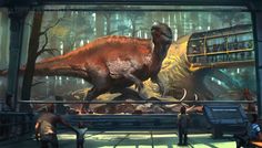 an artist's rendering of a dinosaur in a museum with people looking at it