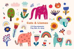 cats and llamas are featured in this colorful illustration for the children's book