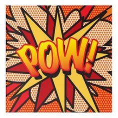 the word pow is written in an abstract comic style with red and yellow dots around it