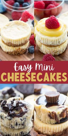 easy mini cheesecakes with chocolate and raspberries on top are the perfect dessert