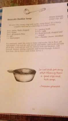 the recipe for broccoli cheddar soup is shown in an old book