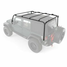 a gray jeep with a black roof rack