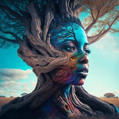 a woman's face is covered in tree branches and the image has been altered to resemble