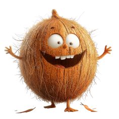 a cartoon coconut character with big eyes and long legs, standing in front of a white background