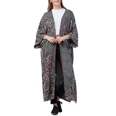 Raj Millie Thickstitch Embroidered Duster  Add depth and dimension to any look by adding this gorgeous embroidered duster. The dramatic length creates the perfect fit to complement any outfit. Long Floral Embroidered Kimono For Spring, Traditional Oversized Outerwear For Spring, Long Printed Spring Outerwear, Long Multicolor Floral Embroidered Kimono, Long Kimono With Multicolor Floral Embroidery, Long Black Embroidered Outerwear, Black Long Embroidered Outerwear, Embroidered Open Front Kimono For Fall, Long Floral Embroidered Kimono For Fall