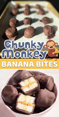 a bowl filled with chocolate covered bananas next to an image of a monkey on the back