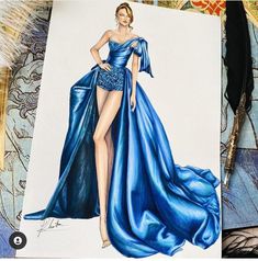 a drawing of a woman in a blue dress