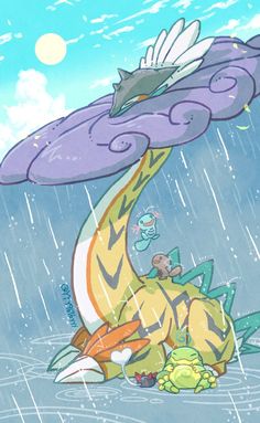 an image of pokemon riding on top of a giant mushroom in the rain with other cartoon characters